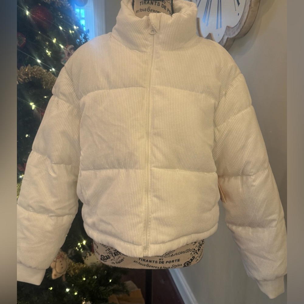 Stella Tweed Ivory Puffer Coat Corduroy Shorter Length Zip Ski Warm Medium NEW